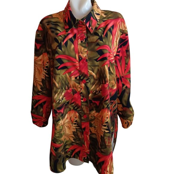 Women's XL Vintage Brownstone Studio Top 1990's Tropical Print Button-Up Blouse - Picture 2 of 7